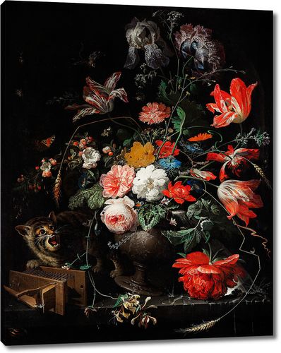 Натюрморт с котом и падающей вазой с цветами