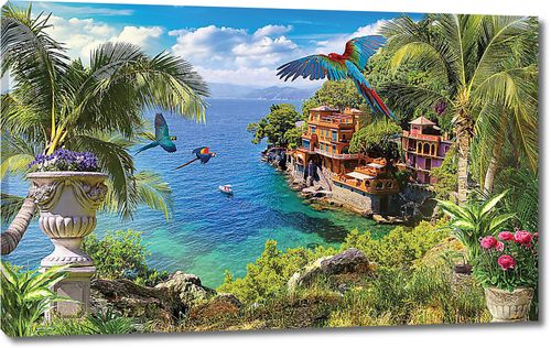 Средиземноморский пейзаж с попугаями