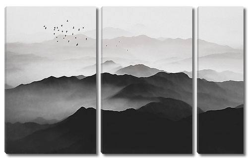 Туманные горы с птицами в монохроме