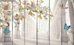 Цветы с бабочками на фоне белой колоннады