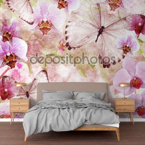 бабочки и орхидеи цветы розовый фон (1 комплект)