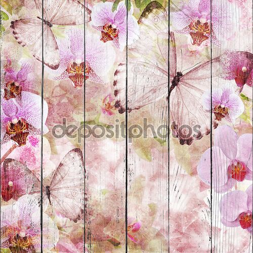 бабочки и орхидеи цветы розовый фон (1 комплект)