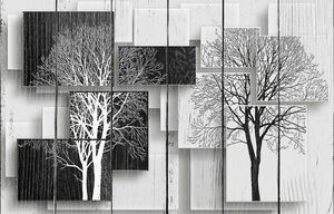 Черно-белые деревья на фоне из черно-белых прямоугольников