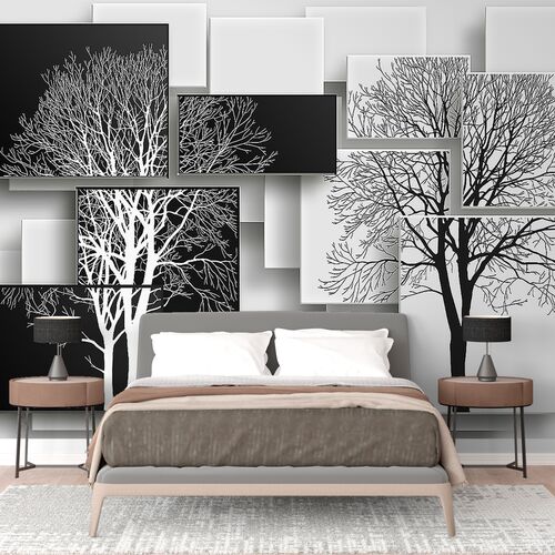 Черно-белые деревья на фоне из черно-белых прямоугольников