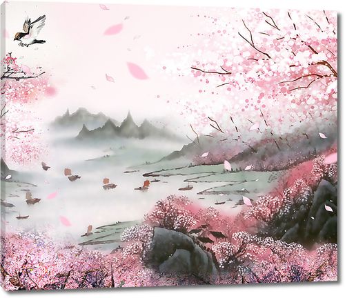 Японский пейзаж в розовых тонах