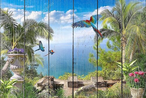 Тропический пейзаж с попугаями