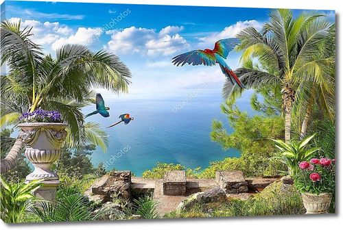 Тропический пейзаж с попугаями