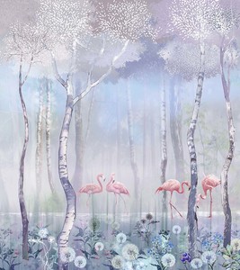 Фламинго на озере в туманном березовом лесу