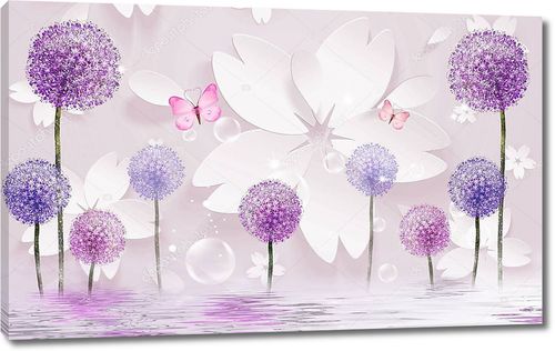 Цветы  из белой бумаги, розовые бабочки, красочные одуванчики, отражение в воде