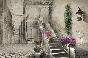 Фонарь, цветы, лестница