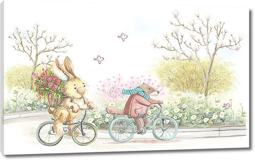 Заяц и бобер на велосипедах