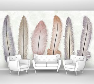 Шесть разноцветных перьев на светлом мраморном фоне