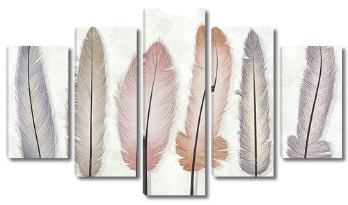 Шесть разноцветных перьев на светлом мраморном фоне