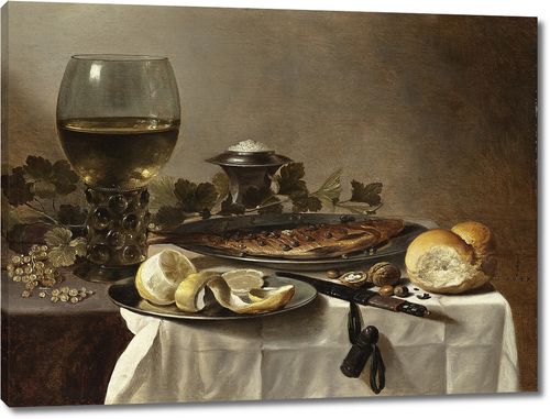 Натюрморт с селедкой, хлебом и бокалом с вином