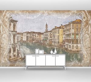 Старинная фреска в рамке с видом на канал в Венеции