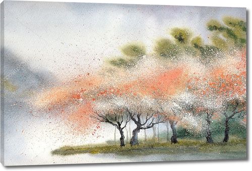 Акварель пейзаж. Цветущие деревья возле Рив