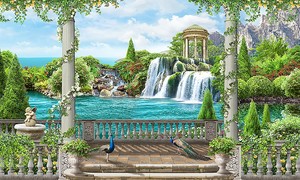 Терраса с видом на водопад с павлинами