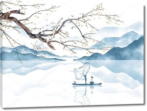 Лодка на фоне голубых гор