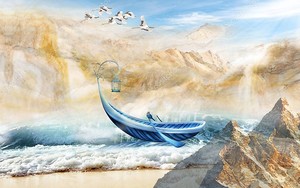 Бежевые горы, море, синяя лодка