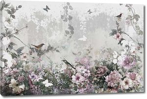 Нежная цветочная композиция с птицами и бабочками