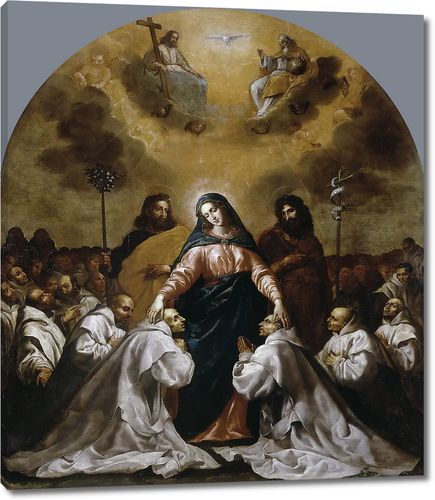 Дева Мария, в сопровождении святых Иосифа и Иоанна Крестителя, берет под свое покровительство орден картезианцев