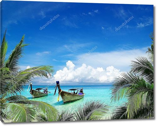 Тропический пляж с двумя лодками