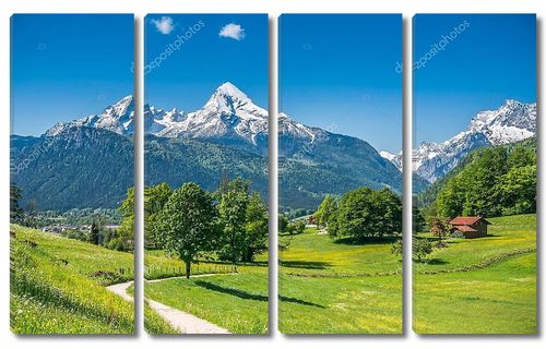 Идиллический весенний пейзаж в Альпах с лугами и цветами
