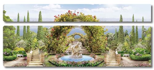 Парк с различными растениями и фонтаном