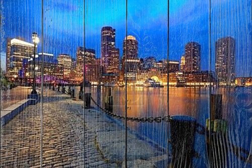 Бостон закат skyline в вентилятор Пирс Массачусетс