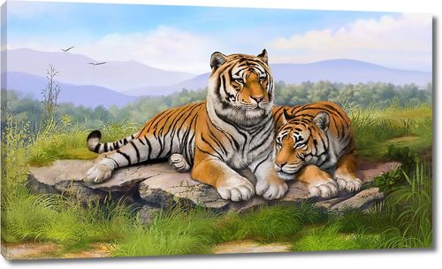 Два ярких тигра на камне