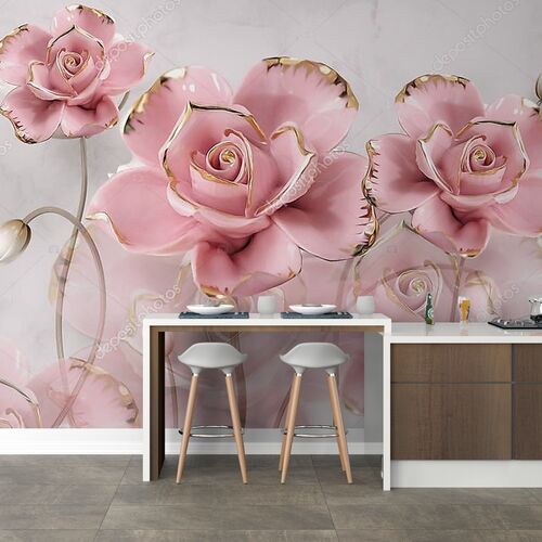 3d иллюстрация, серый мраморный фон, большие розовые позолоченные розы