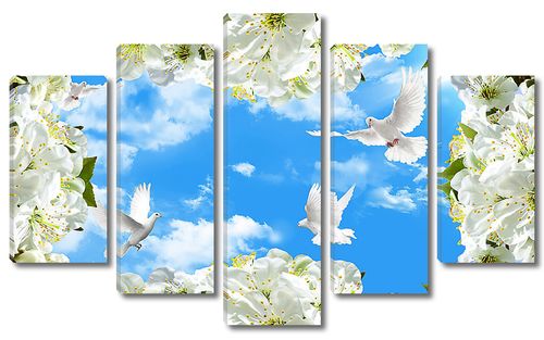 Небо и голуби в цветущей рамке