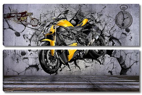 Желтый мотоцикл пробивает стену