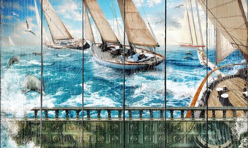 Вид с террасы на яхты, дельфинов и чаек