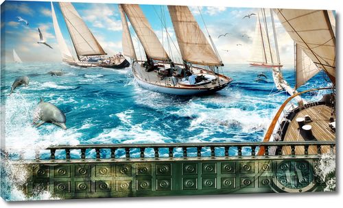 Вид с террасы на яхты, дельфинов и чаек