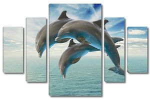 Три дельфина прыгают из воды