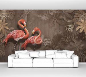 Яркие фламинго в пальмовых листьях