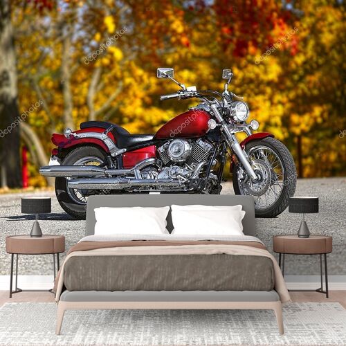 Мотоцикл на фоне ярких осенних деревьев