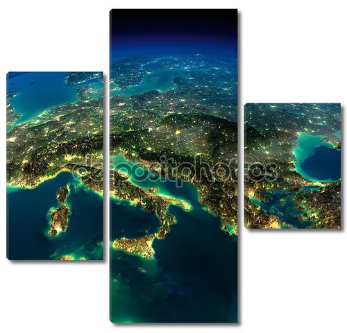 Земля ночью, кусочек Европы - Италии и Греции