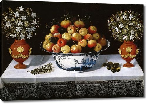 Натюрморт с фруктами и цветами в вазах