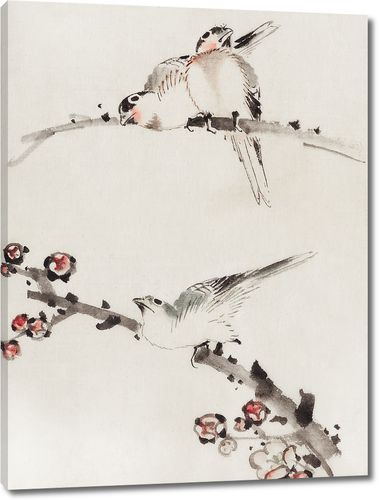 Три птицы, сидящие на ветвях, одна с цветками