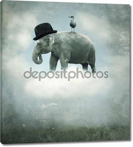 Летающий слон в шляпе с чайкой на спине