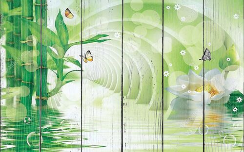 Зеленый тоннель с  бамбуком, большой белый цветок, мыльные пузыри, бабочки