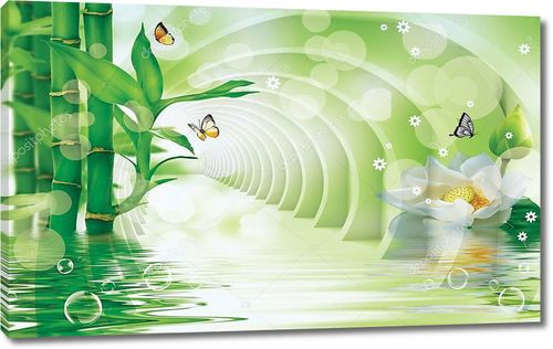 Зеленый тоннель с  бамбуком, большой белый цветок, мыльные пузыри, бабочки