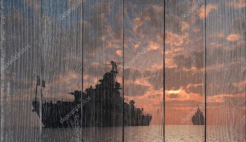 Военный корабль на закате
