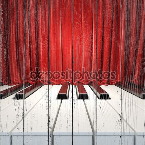 Клавиши пианино и красные шторы.