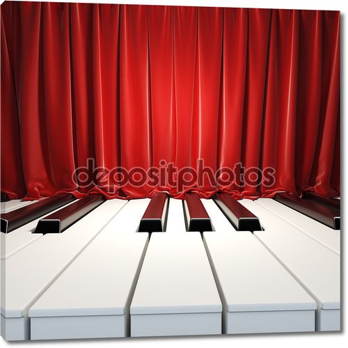 Клавиши пианино и красные шторы.