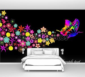 Черный фон с бабочка и цветы
