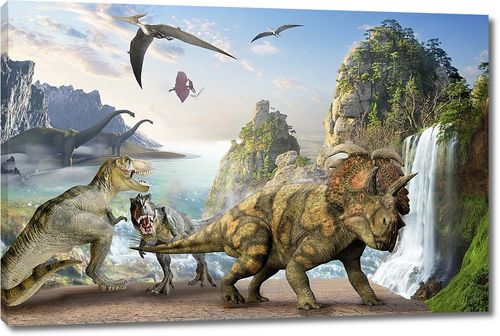 Разные динозавры у водопада