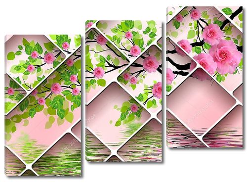 Ветки деревьев с розовыми розами, отражение в воде
